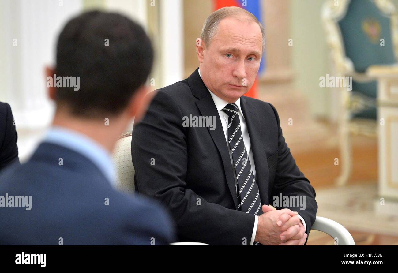 Moscow, Russia. 20th Oct, 2015. President Vladimir Putin during his meeting with Syrian President Bashar Assad at the Kremlin October 20, 2015 in Moscow, Russia. Assad was in Moscow on his first trip abroad since the war broke out in Syria. Stock Photo