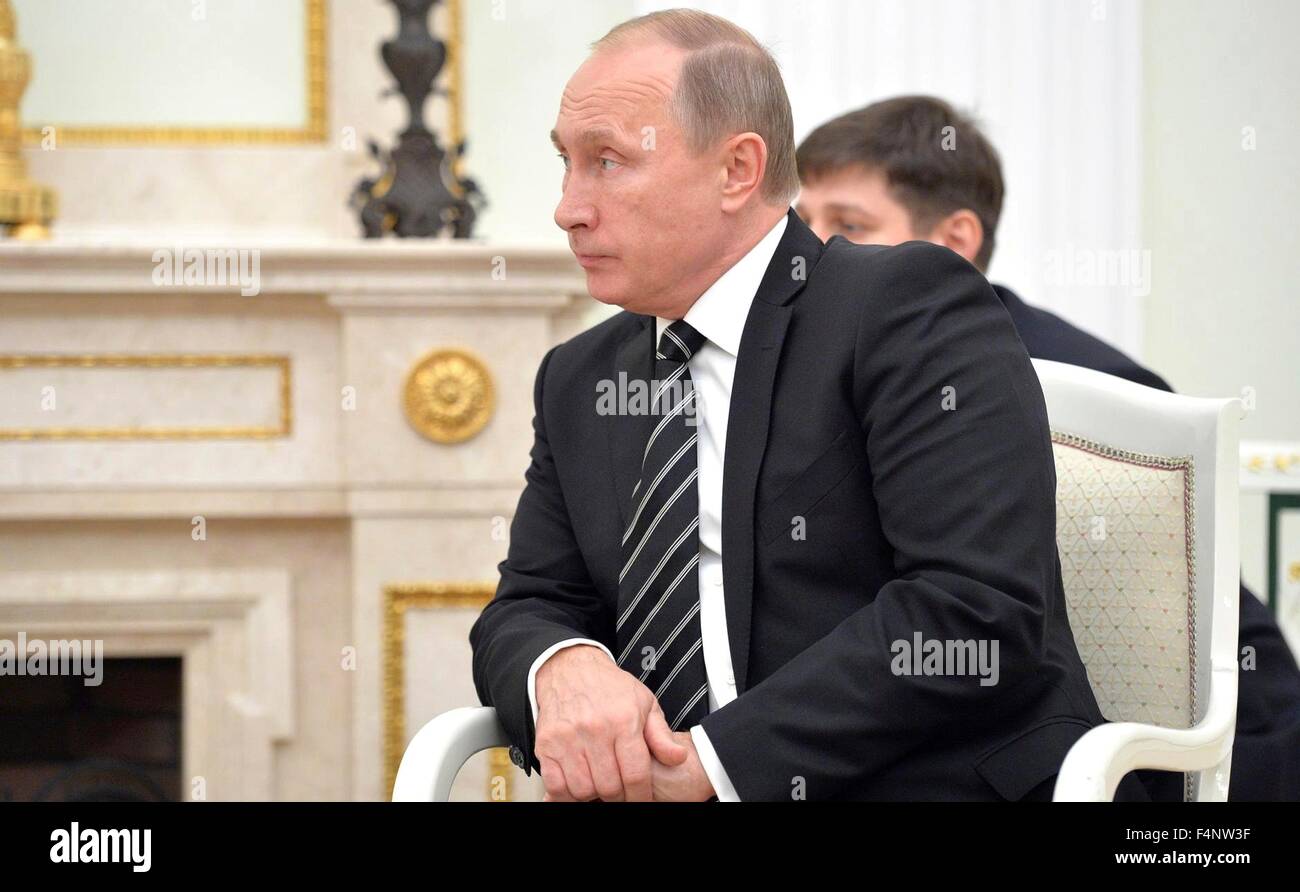 Moscow, Russia. 20th Oct, 2015. President Vladimir Putin during his meeting with Syrian President Bashar Assad at the Kremlin October 20, 2015 in Moscow, Russia. Assad was in Moscow on his first trip abroad since the war broke out in Syria. Stock Photo