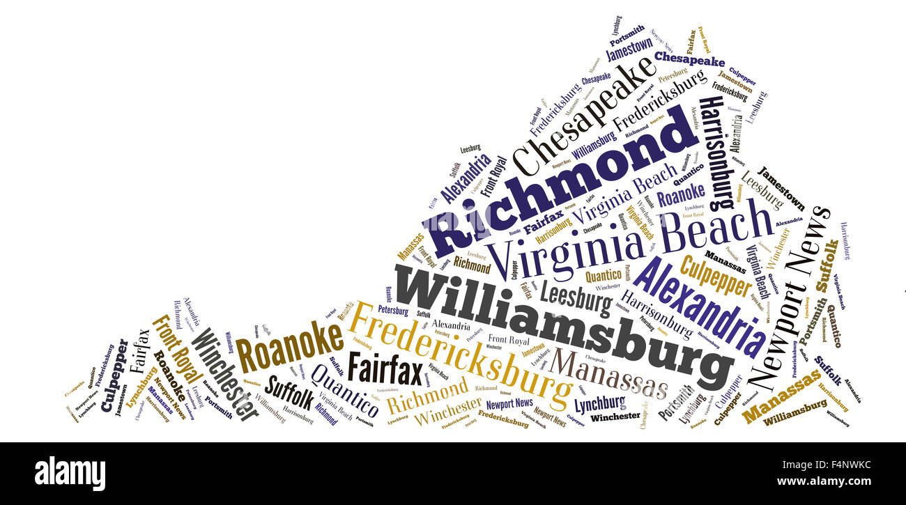 Word Cloud in the shape of Virginia showing some of the cities in the