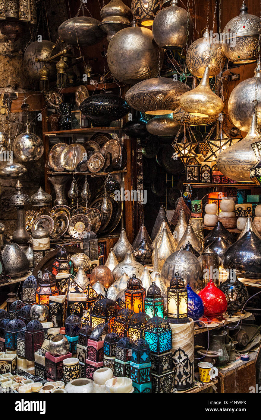 Tourist souvenirs in the Khan el-Khalili souk in Cairo. Stock Photo