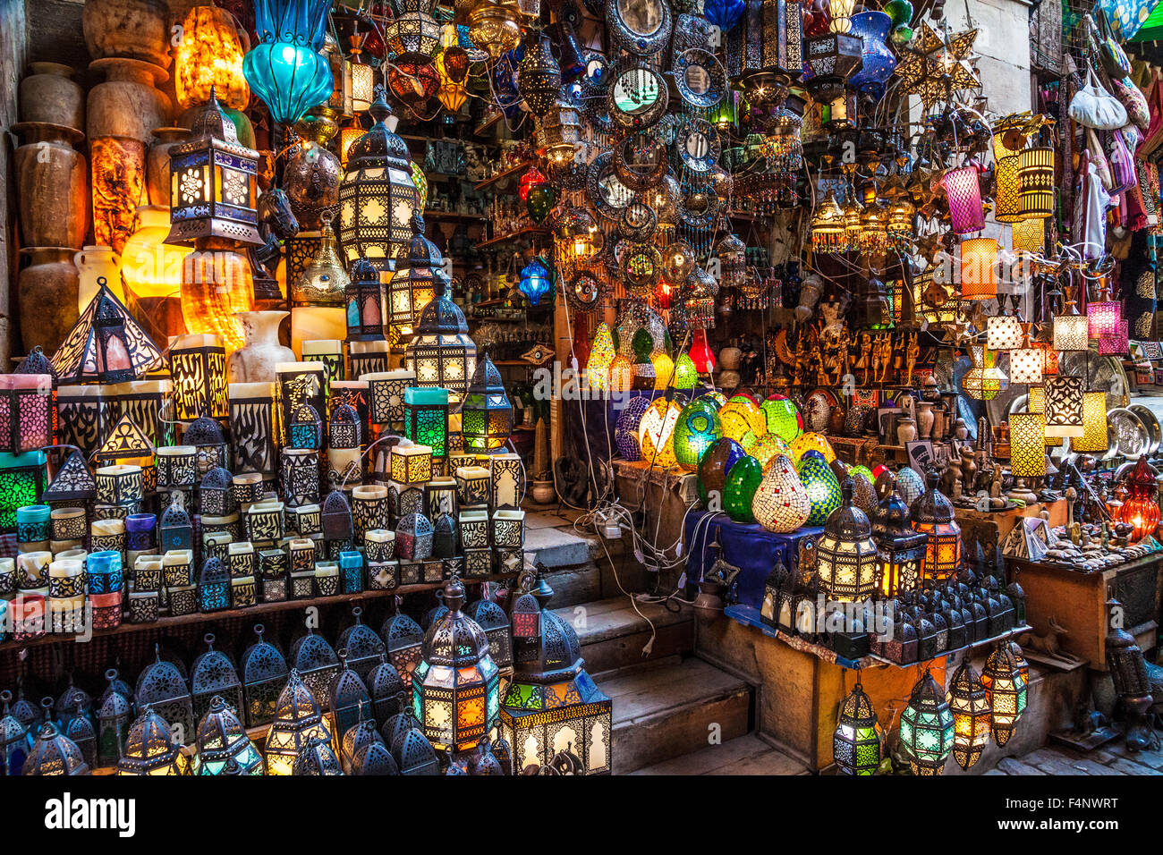 Traditional Arabian lanterns and lamps in the Khan el-Khalili souk in Cairo. Stock Photo