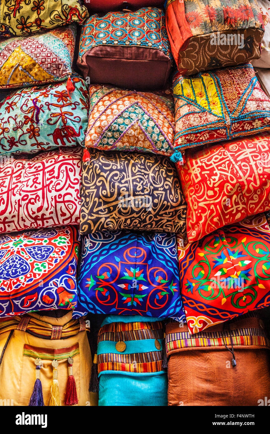 Colourful bags and cushions in the Khan el-Khalili souk in Cairo. Stock Photo