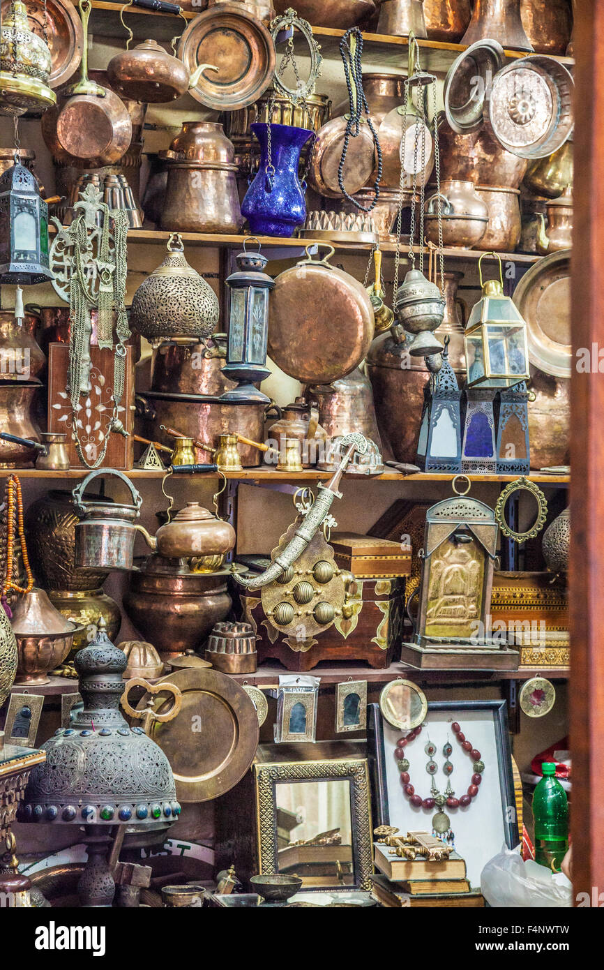 Traditional Arabian metalware in the Khan el-Khalili souk in Cairo. Stock Photo