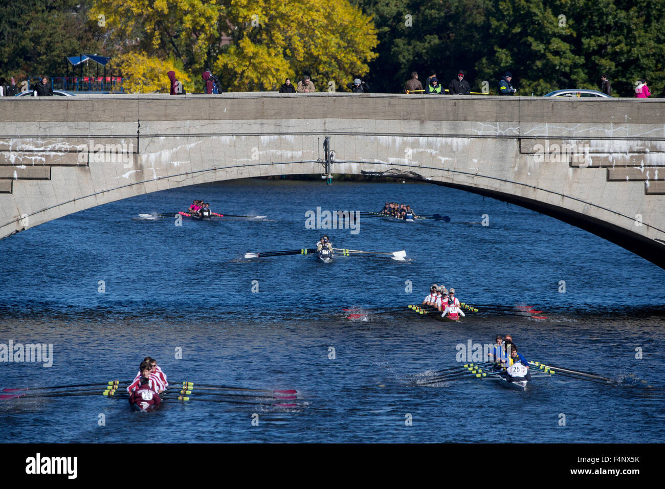 Teams on the Charles River in Cambridge Massachusetts during the Head of the Charles Regatta. Stock Photo