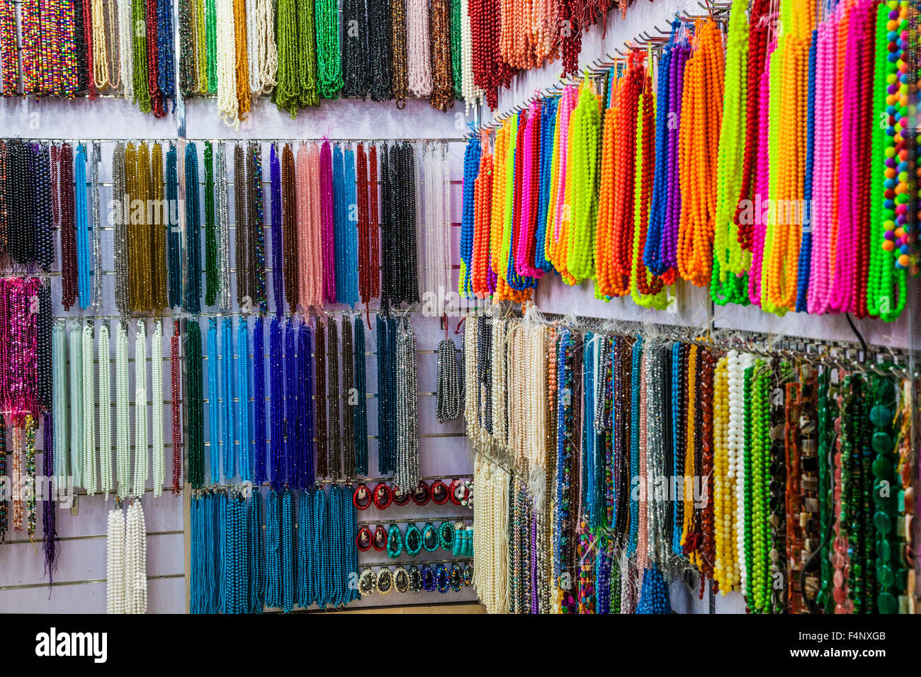 Strings of beads in the Khan el-Khalili souk in Cairo. Stock Photo