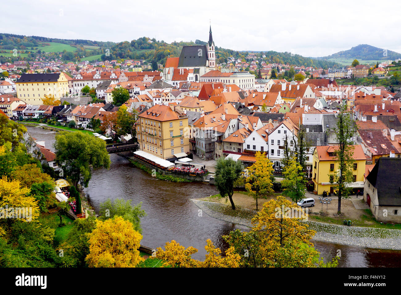 Cesky Krumlov oldtown city and river in Autumn Stock Photo