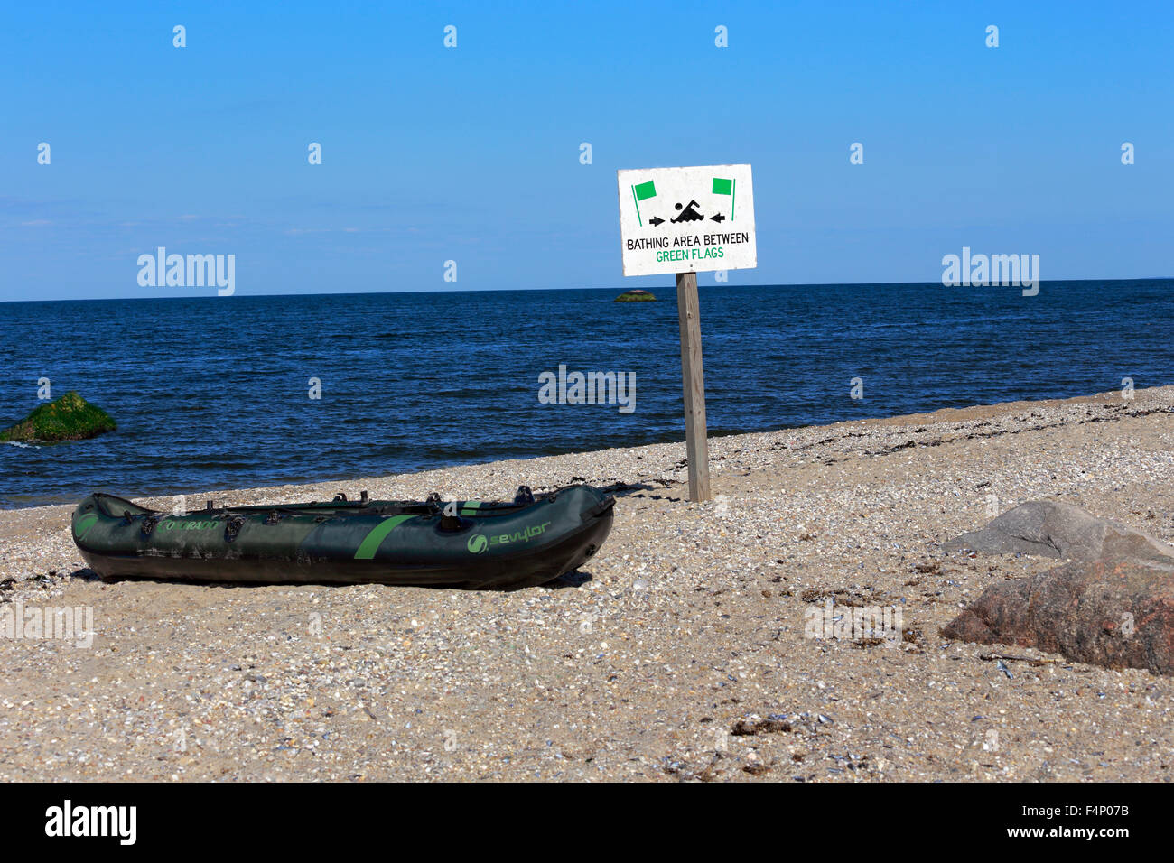 Inflatable canoe on beach Wildwood State Park Long Island New York