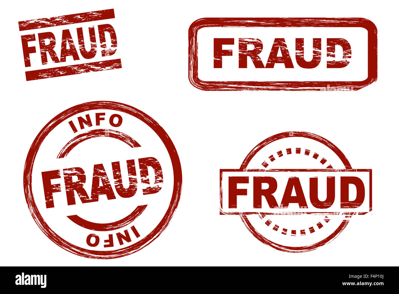 Set of stylized red ink stamps showing the term fraud. All on white background. Stock Photo