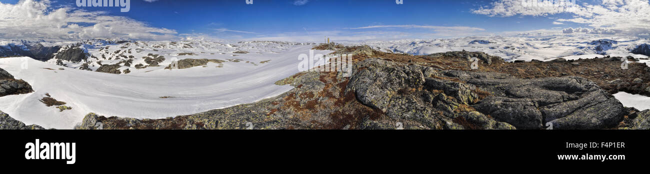 Scenic panorama of snowy landscape near Trolltunga in Norway Stock Photo