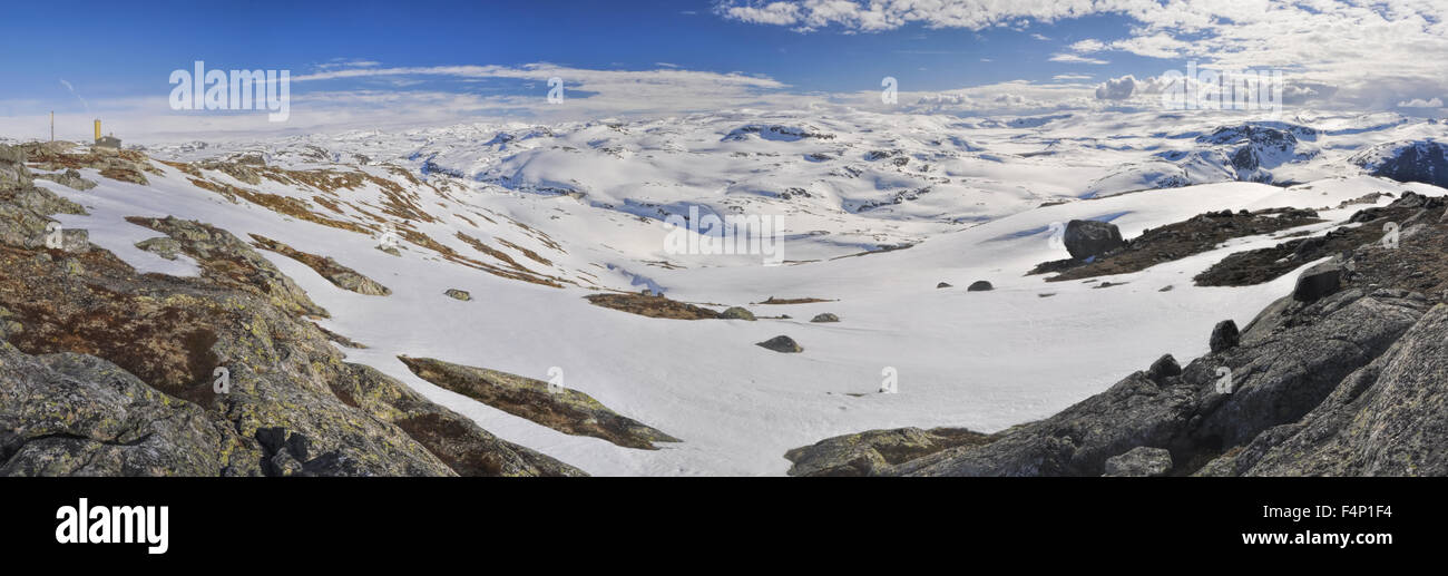 Scenic panorama of snowy landscape near Trolltunga in Norway Stock Photo