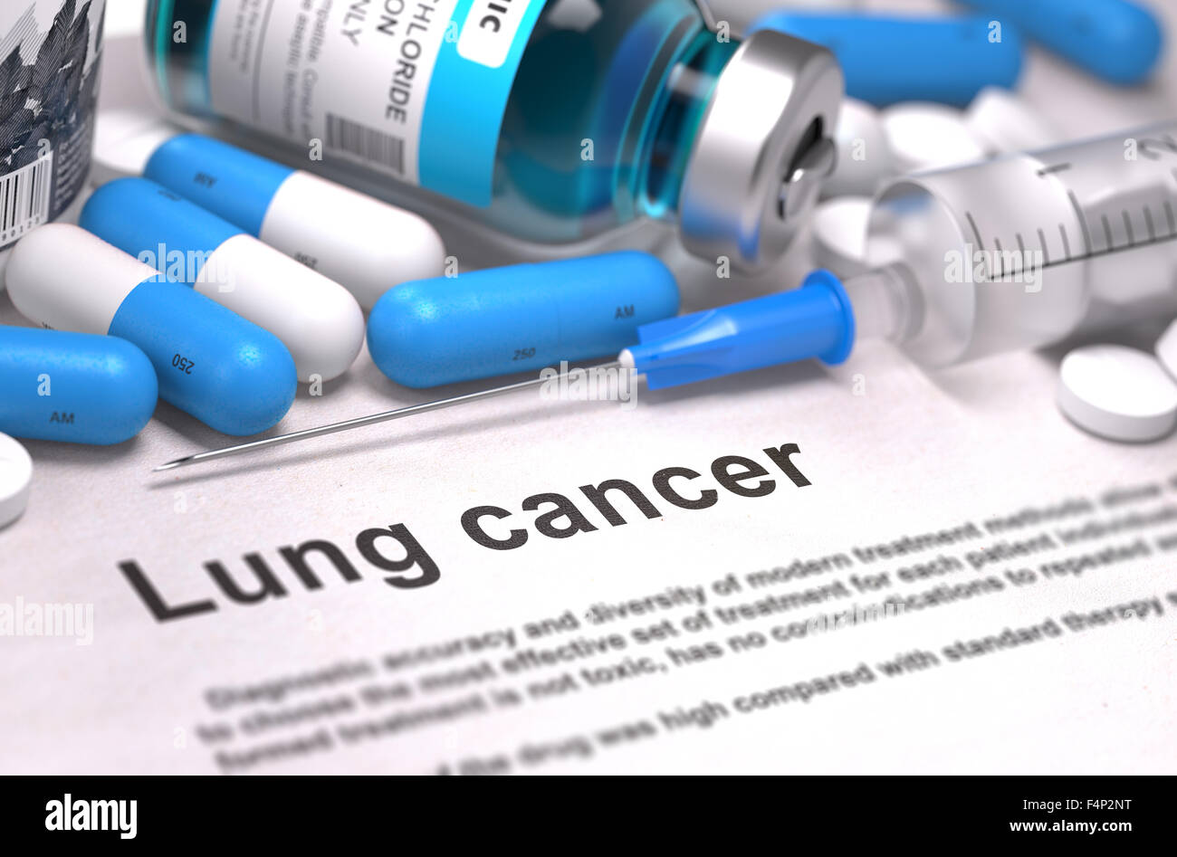 Lung Cancer - Printed Diagnosis with Blue Pills, Injections and Syringe. Medical Concept with Selective Focus. Stock Photo