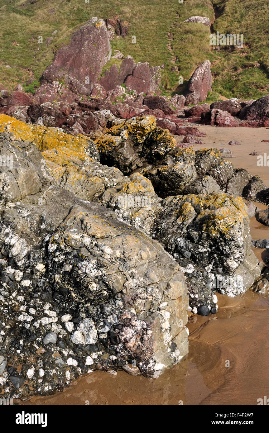 Geology at Freshwater West beach in Pembrokeshire, Wales. Stock Photo