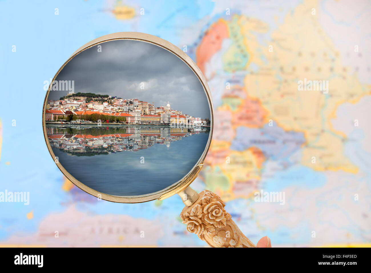 Looking in on Lisbon, Portugal with blurred map of Europe in the background Stock Photo