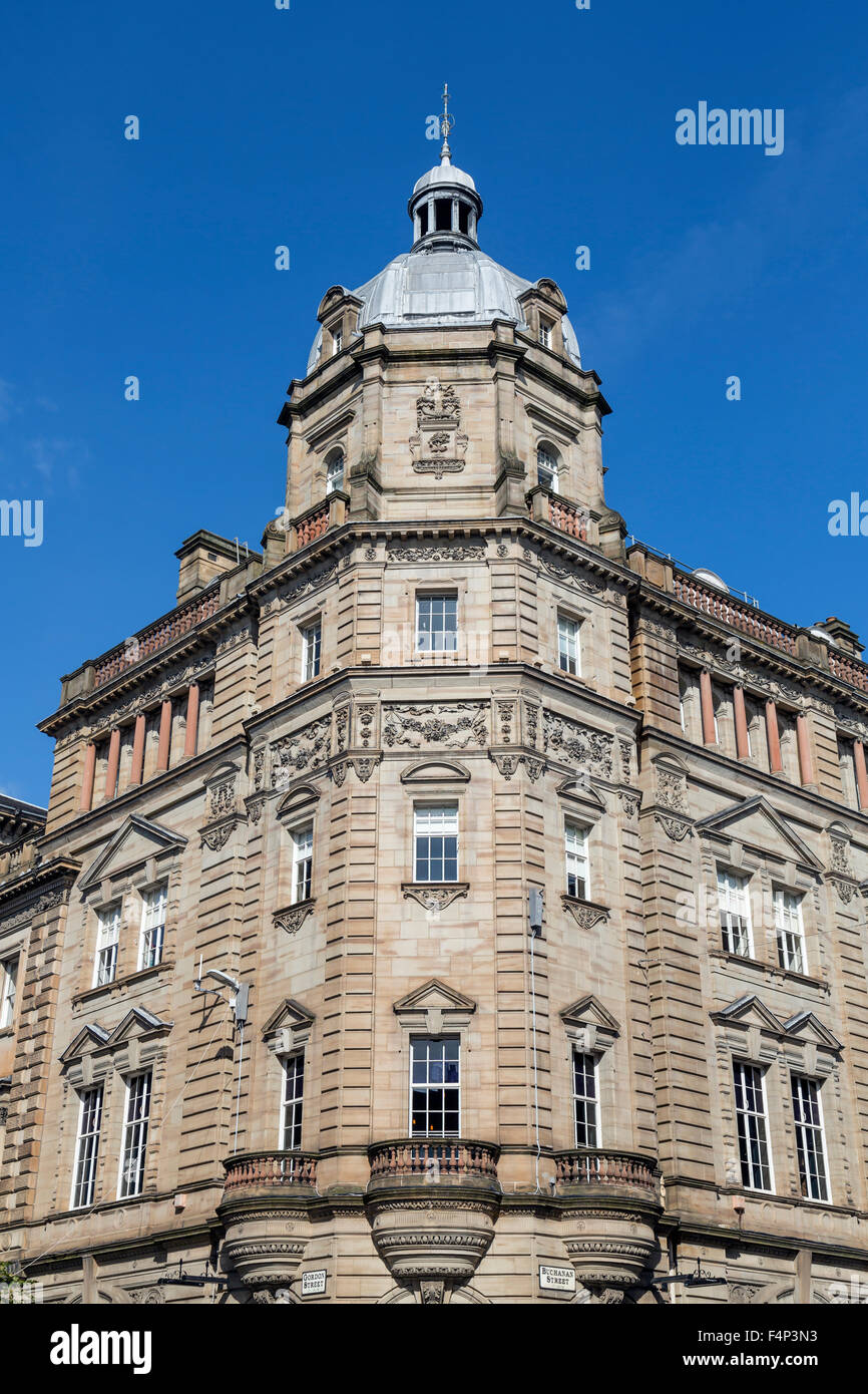 Detail of the Victorian Commercial Bank of Scotland sandstone building, now housing TGI Fridays, Buchanan Street in Glasgow city centre, Scotland, UK Stock Photo