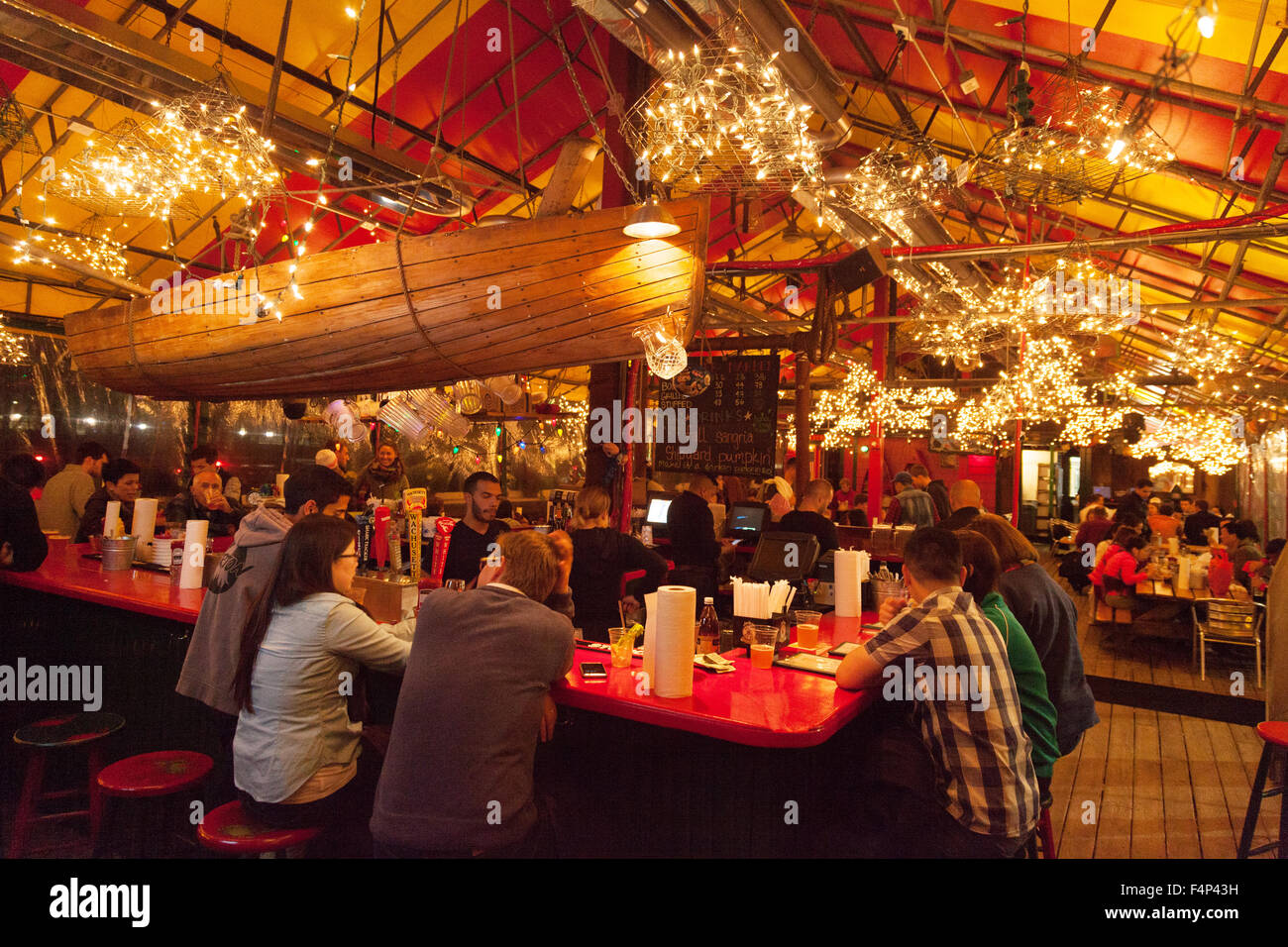 Boston bar; Bustling evening at the Barking Crab seafood restaurant and Bar, Boston, Massachusetts USA Stock Photo