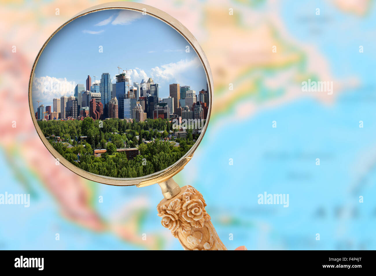Looking in on Calgary Alberta with blurred map of North America in the background Stock Photo