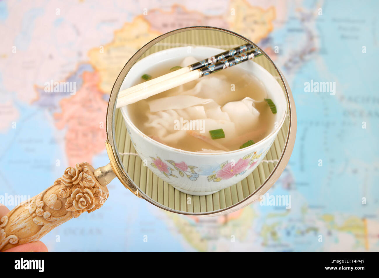 World food looking in on Chinese wonton soup Stock Photo