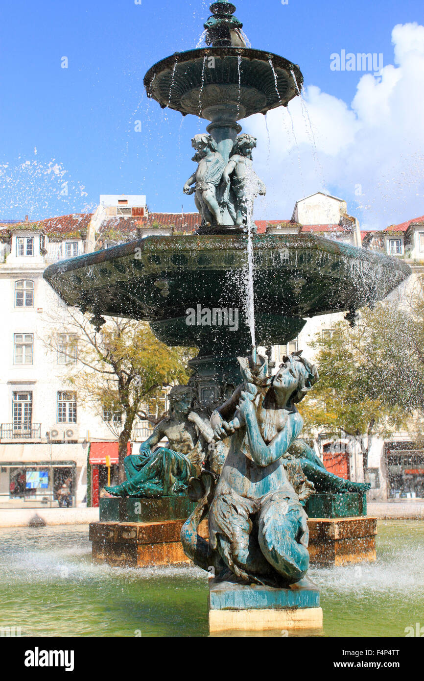 Beautiful fountain in Rossio Square, downtown in Lisbon, Portugal Stock Photo