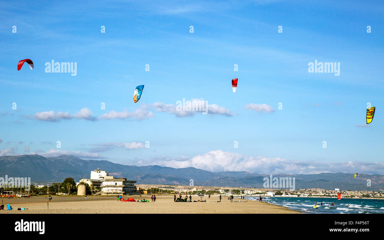 Kitesurfing On Poetto Beach Cagliari Sardinia Italy Stock Photo