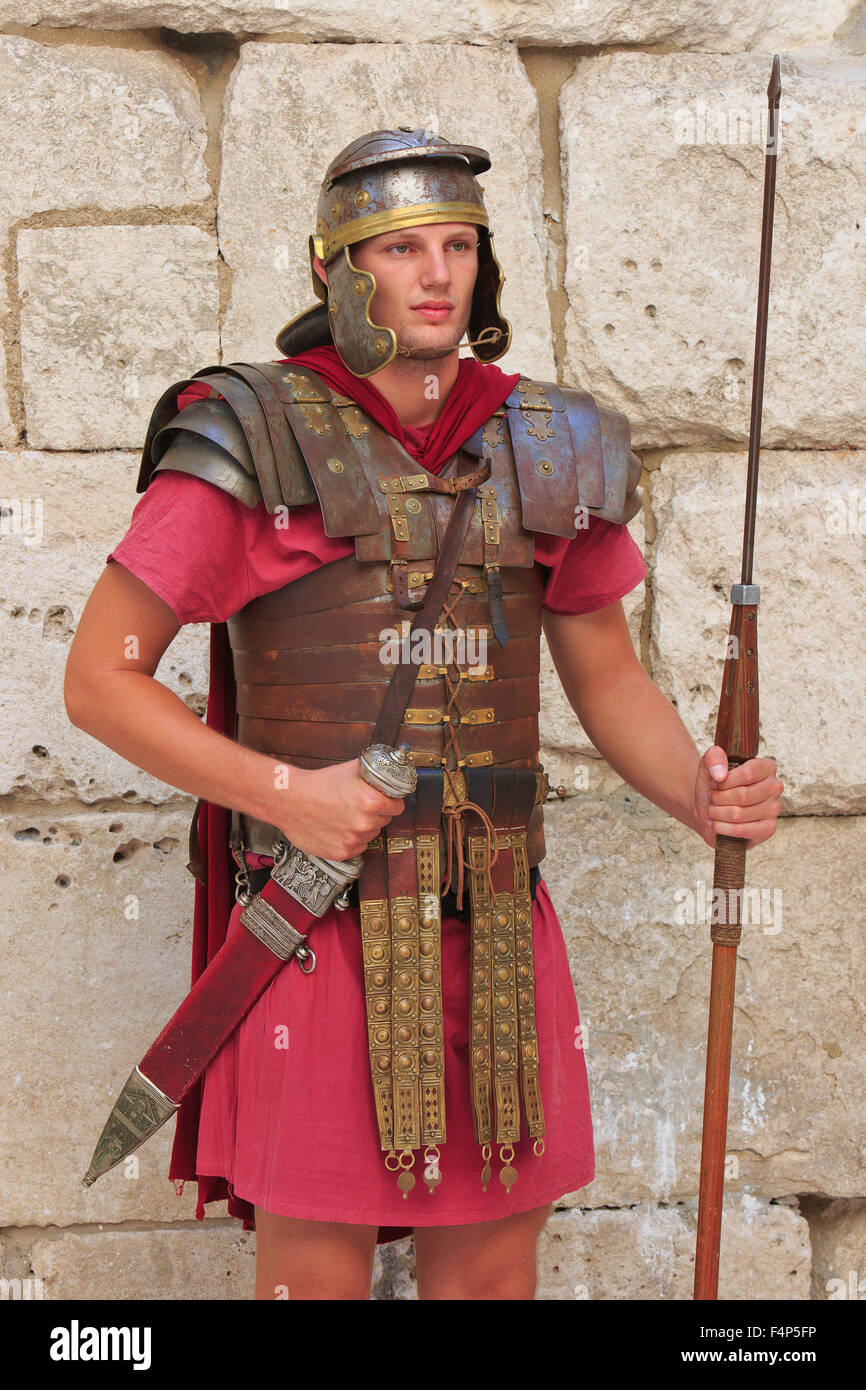 A Roman legionary with javelin and gladius at the Golden Gate in the