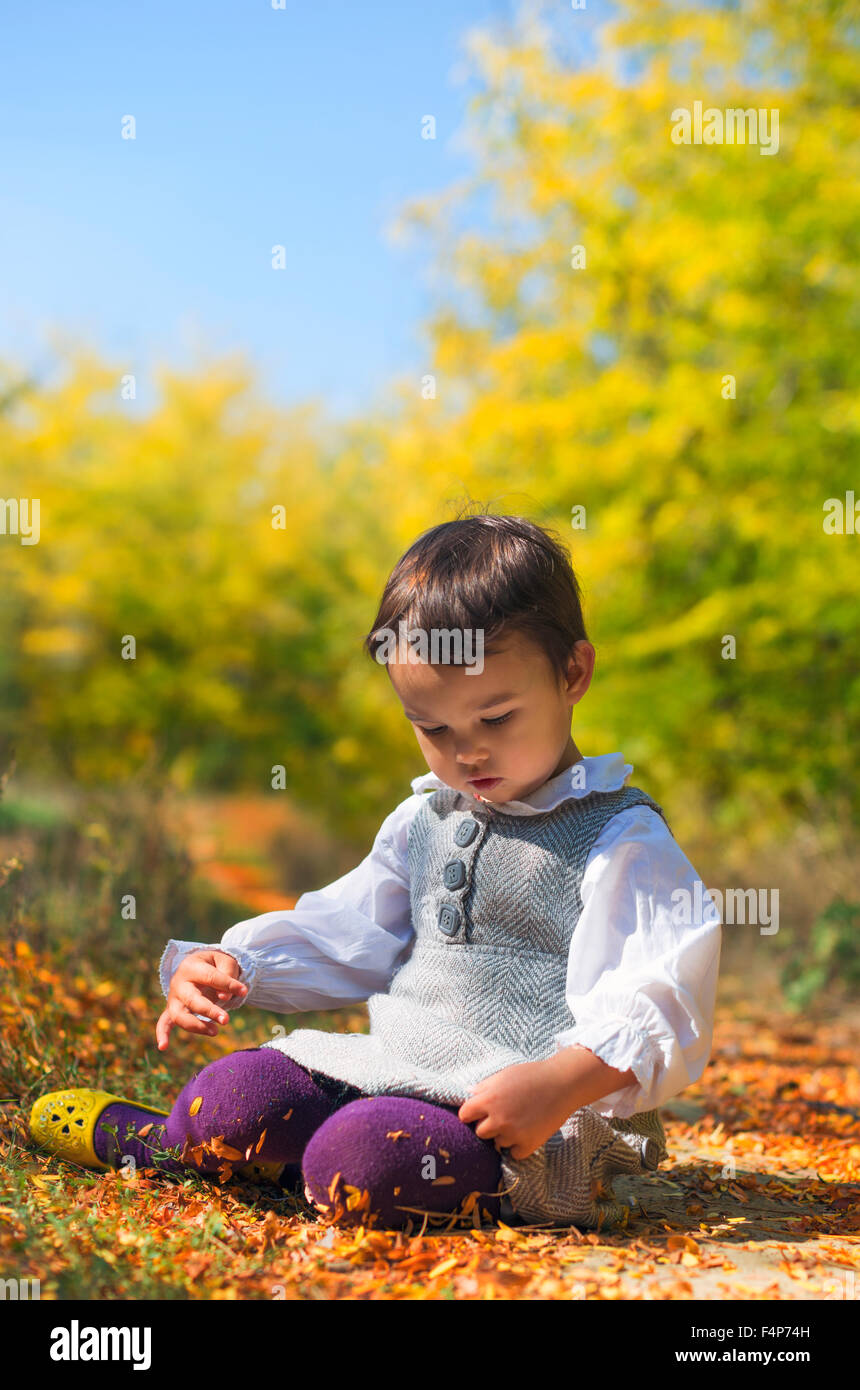 little girl sitting in foliage in autumn Stock Photo - Alamy