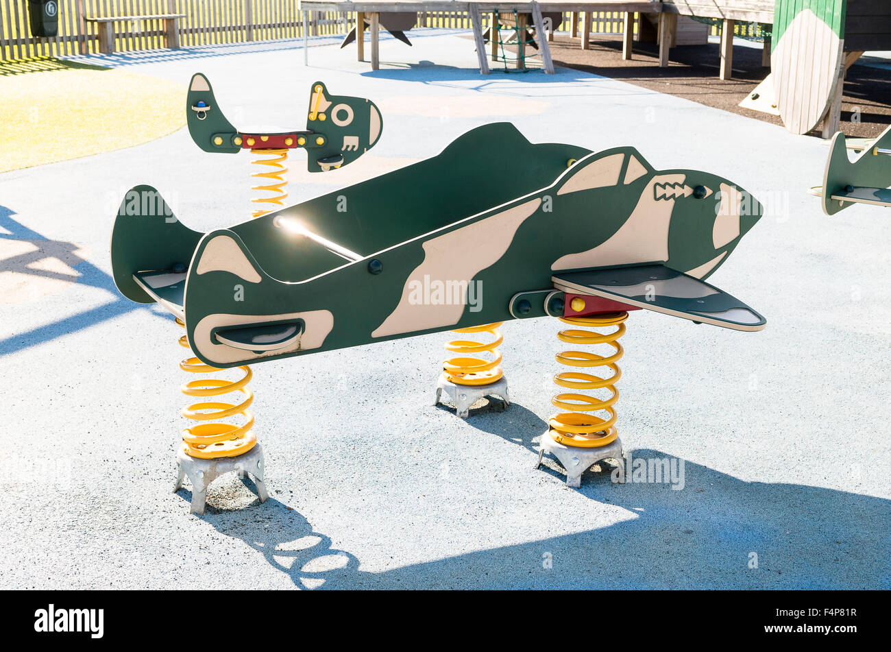 Aviation themed playground equipment with bouncy plane like a DH Vampire Stock Photo