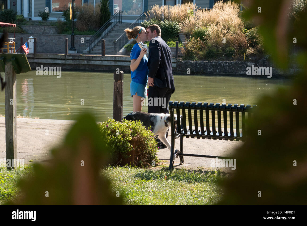 Marriage proposal by the Erie Canal. Stock Photo