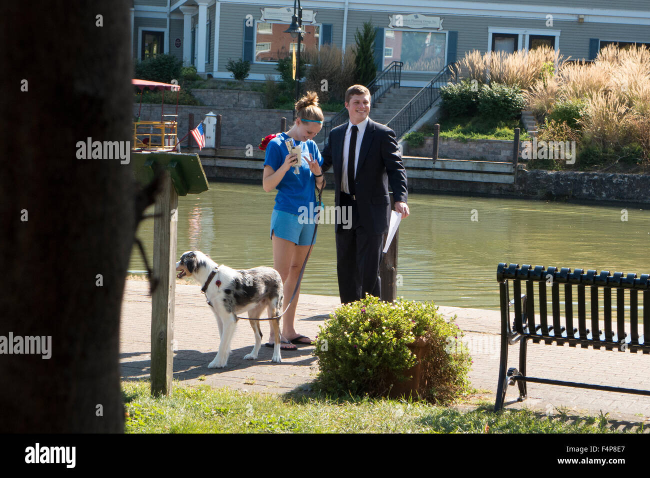 Marriage proposal by the Erie Canal. Stock Photo