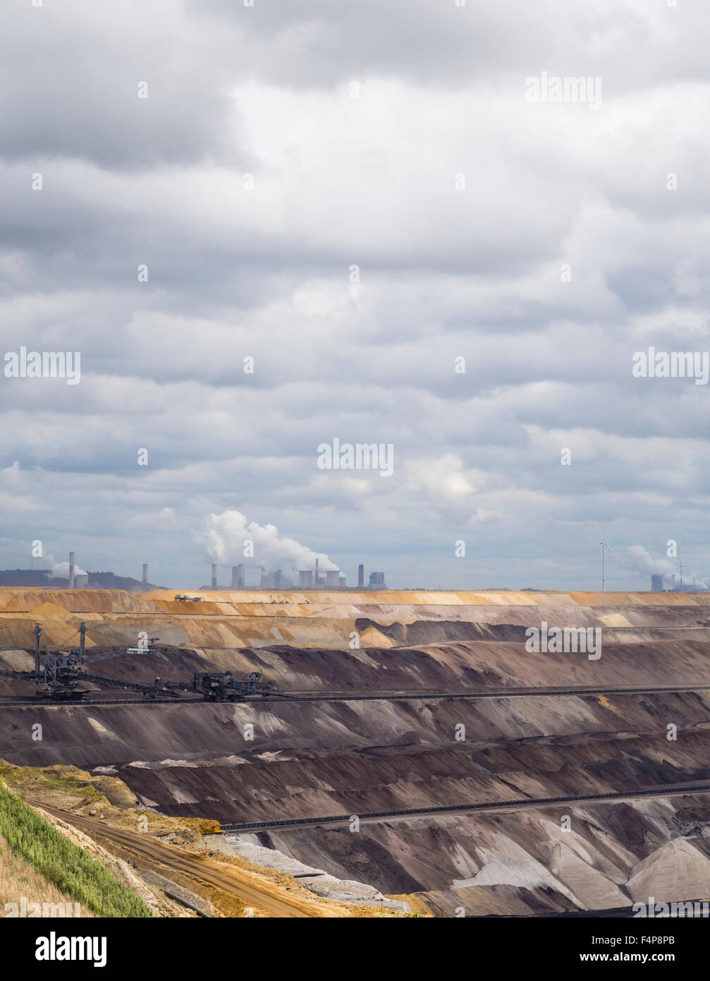 Cratered landscape of the surface mining field at Garzweiler, Germany's largest opencast pit for lignite extraction. Stock Photo