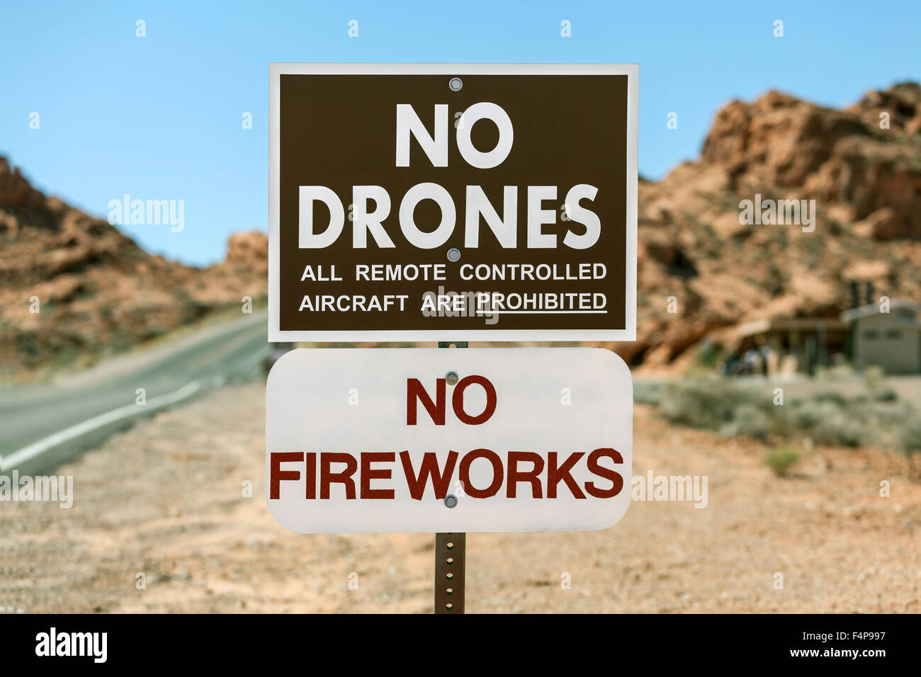 No drones all remote controlled aircraft are prohibited sign. Stock Photo