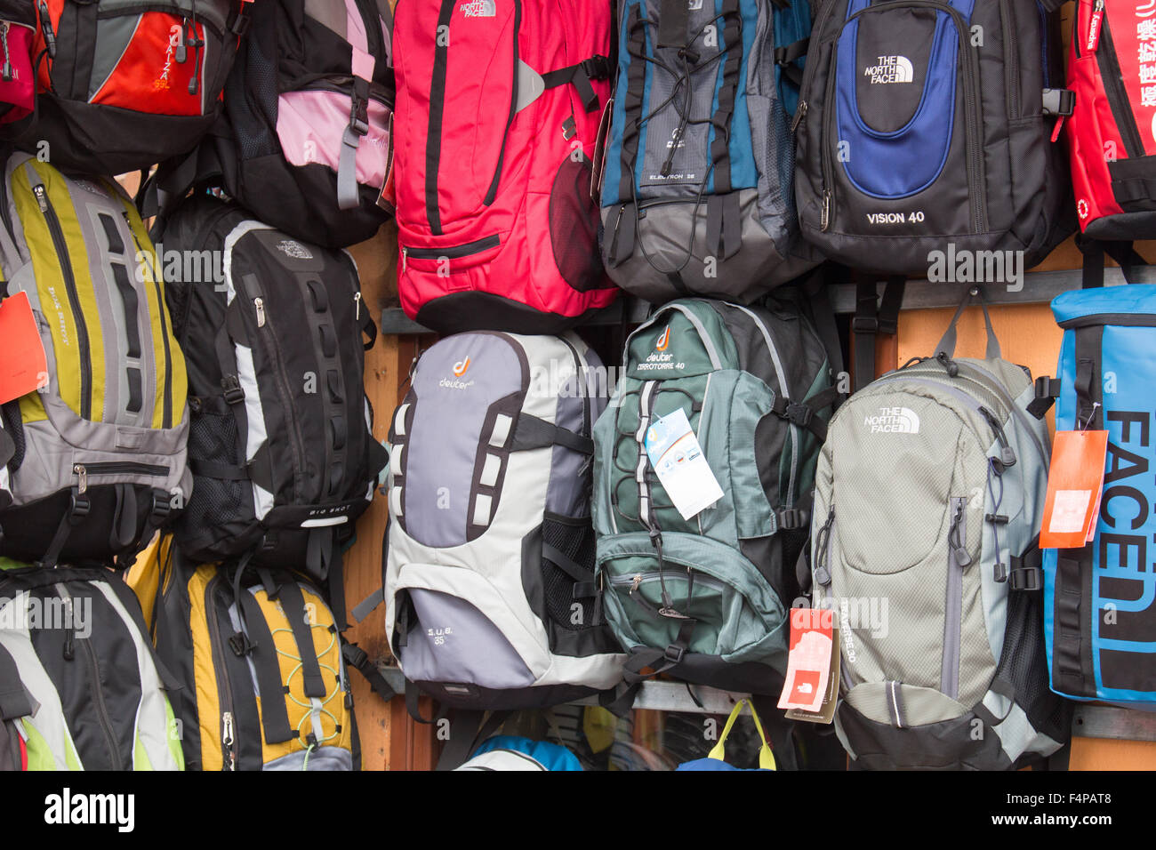 many shops in Sapa the mountain town in north west vietnam, sell the north  face clothing and backpacks,Vietnam Stock Photo - Alamy