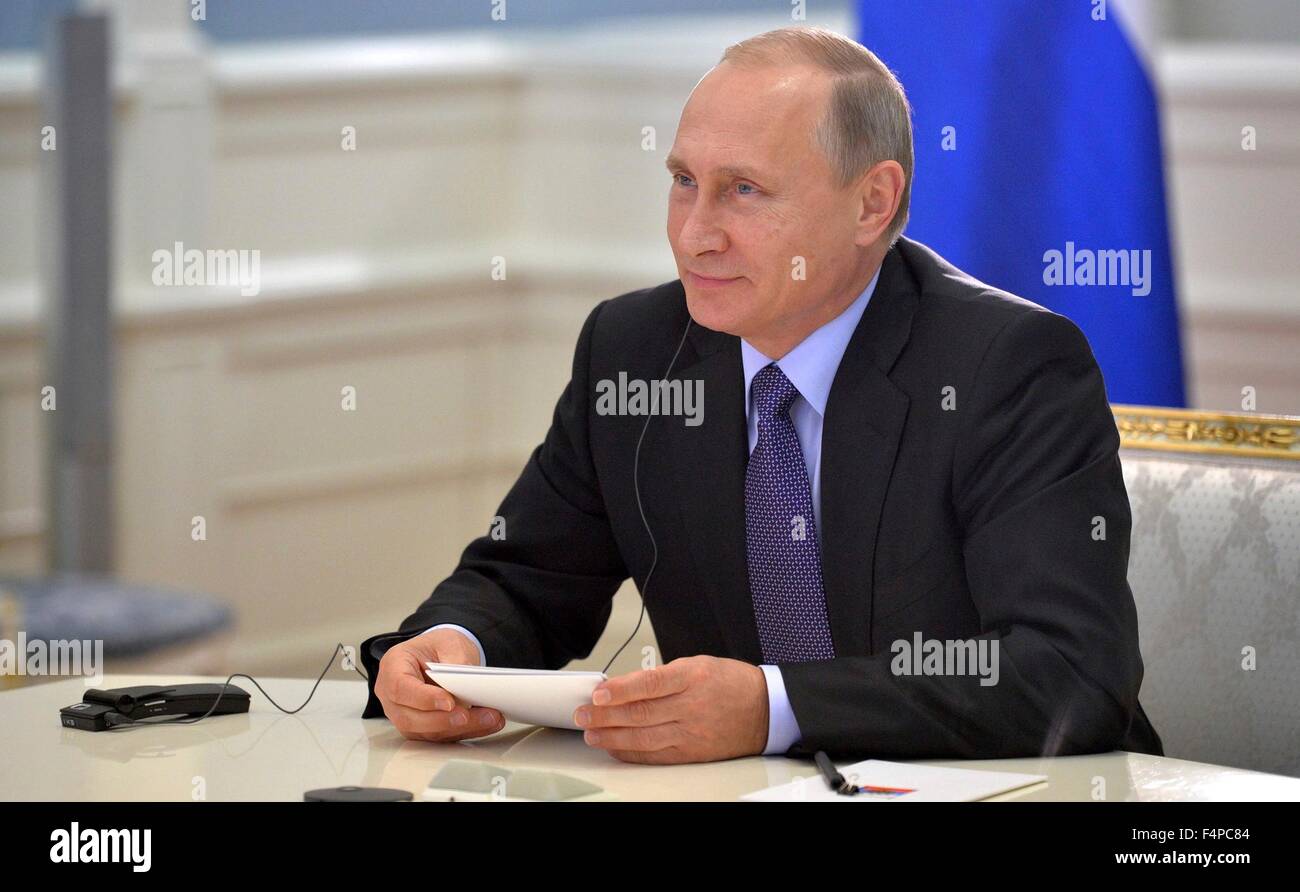 Russian President Vladimir Putin during a video conference with Argentine President Cristina Fernandez de Kirchner from the Kremlin October 21, 2015 in Moscow, Russia. Stock Photo