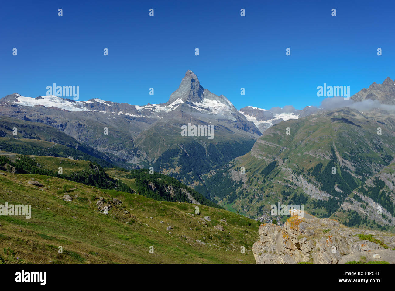 The mountain range of Matterhorn in the the Swiss Alps. July, 2015. Matterhorn, Switzerland. Stock Photo