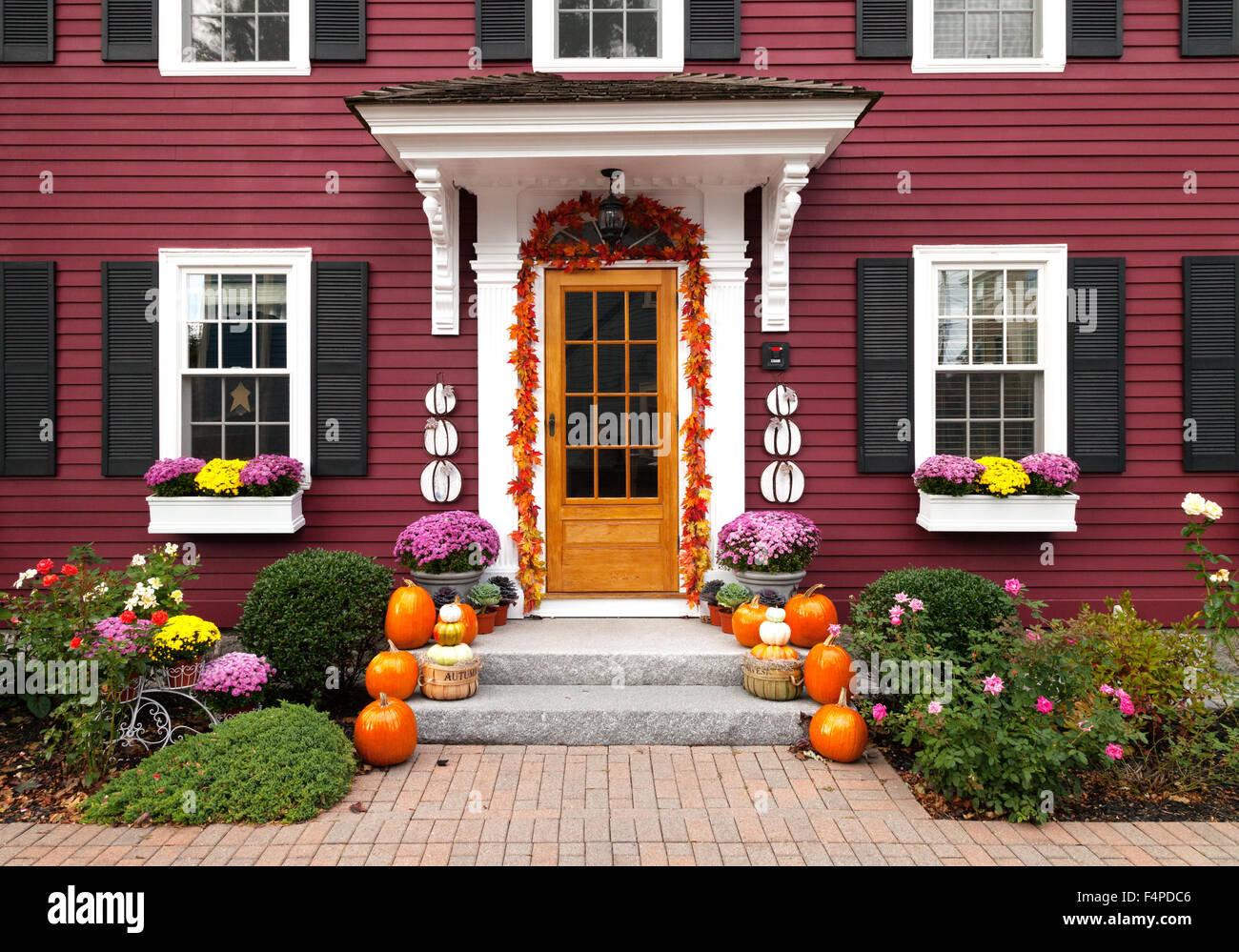 Halloween USA; The front entrance and door of a house decorated for Halloween, Salem, Massachusetts New England USA Stock Photo