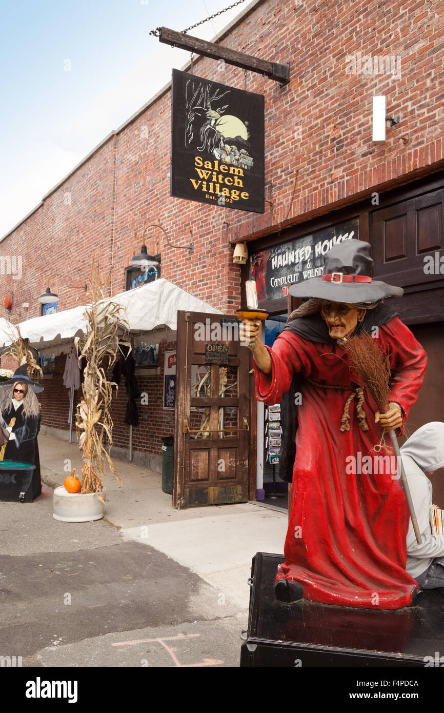 Salem Halloween USA; A model witch outside the Salem Witch Village at halloween, Salem
