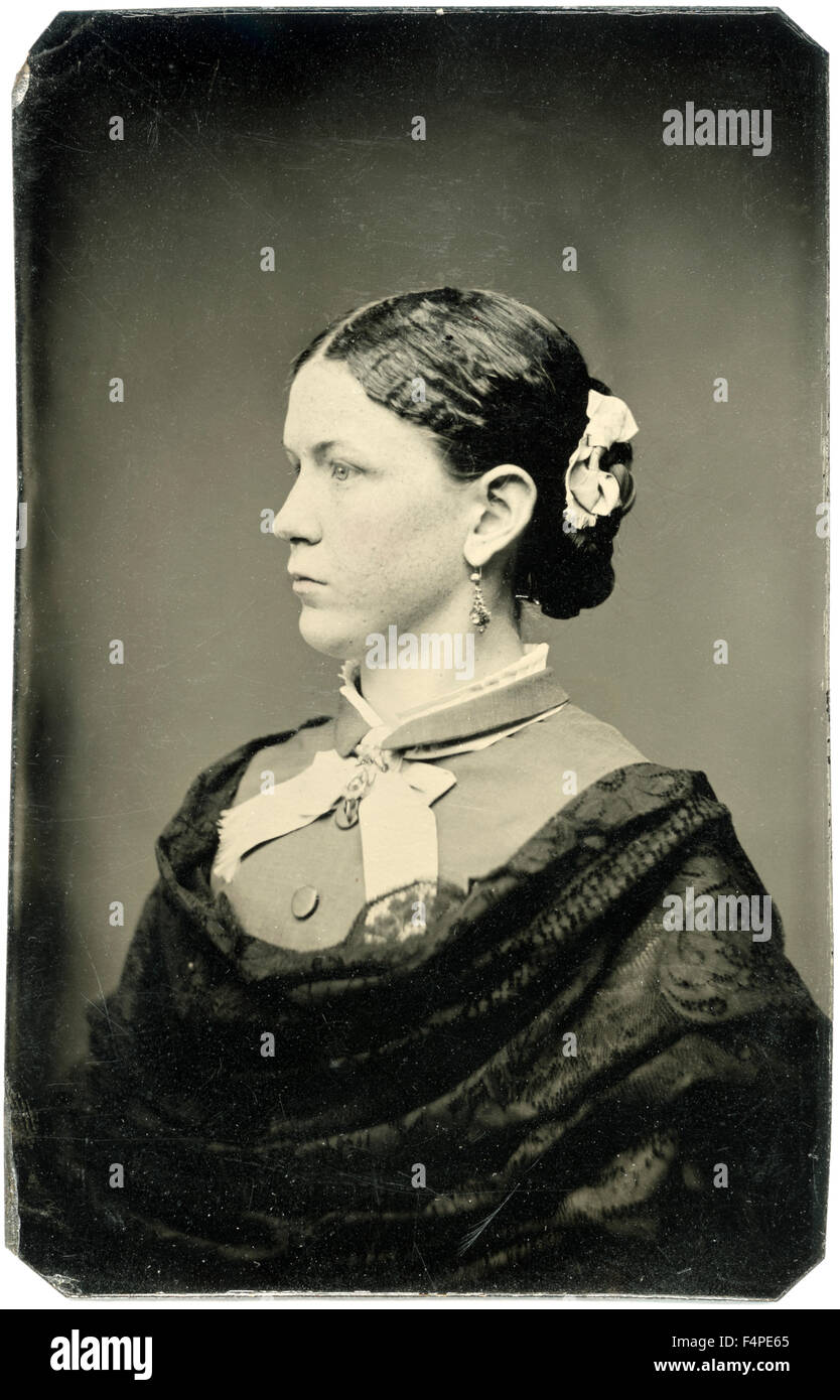 Profile Portrait of Adult Woman, Tintype, circa 1870 Stock Photo