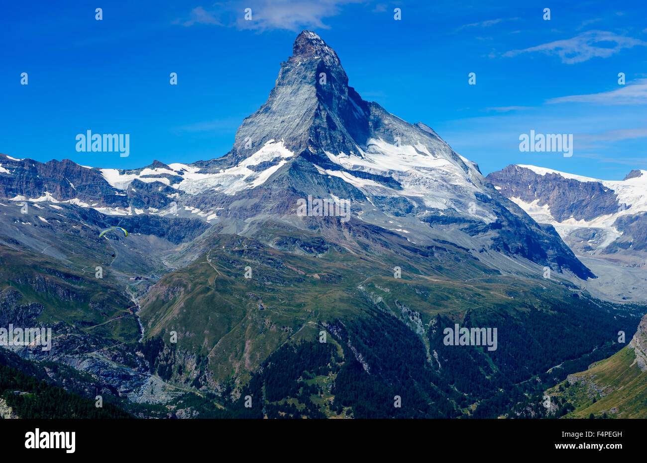 Straight view of the famous Matterhorn peak in the Swiss Alps. July, 2015. Matterhorn, Switzerland. Stock Photo