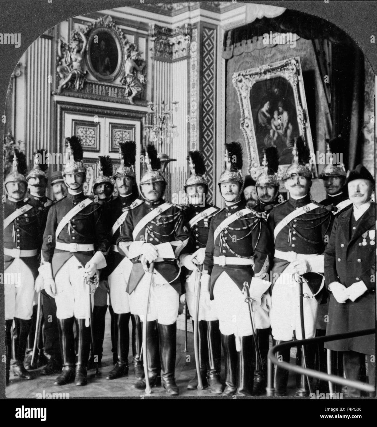 Guards of the Republic Palace of Versailles during Treaty Signing France Keystone View Company Single Image of Stereo Card 1919 Stock Photo