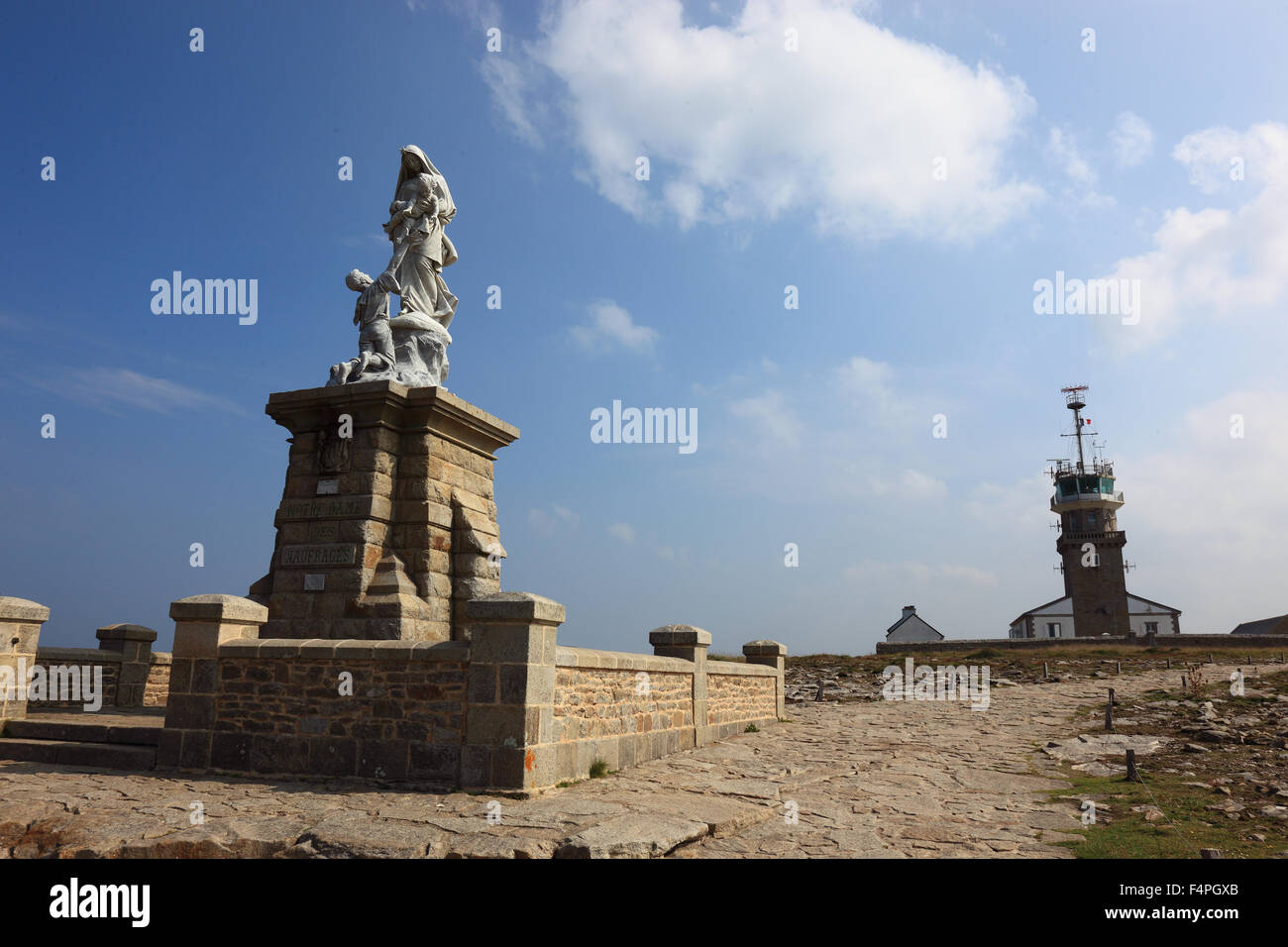 France, Brittany, Cap Sizun, Denkmal, Notre Dame des Naufrages, Memorial to WW2 the Pointe du Raz, the background and Calvary Li Stock Photo