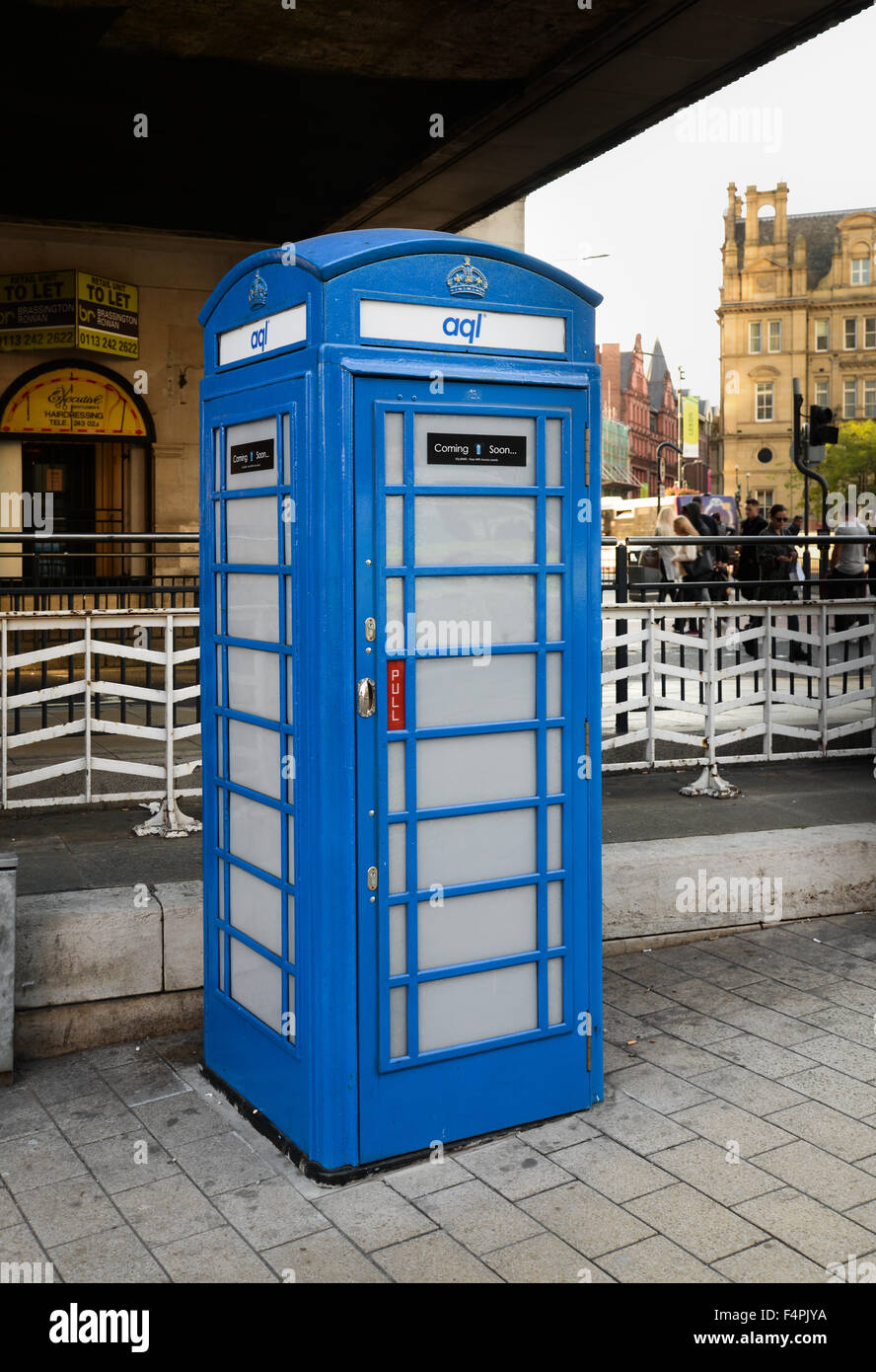 AQL has installed eye-catching blue ex red phone boxes in Leeds launching an initiative to bring free wifi to the City. Stock Photo