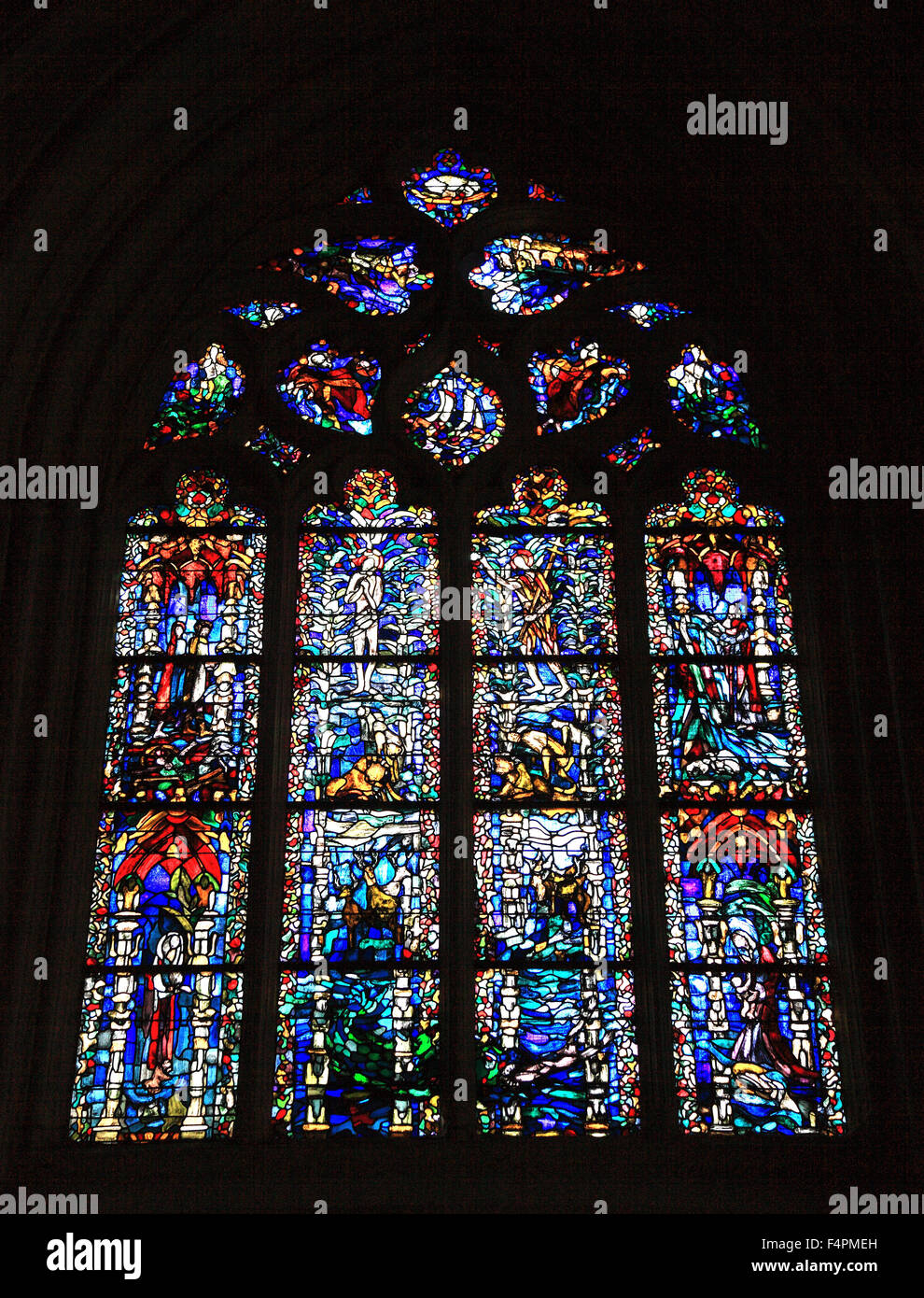 France, Brittany, Quimper, cathedral Saint Corentin, churchwindow Stock Photo