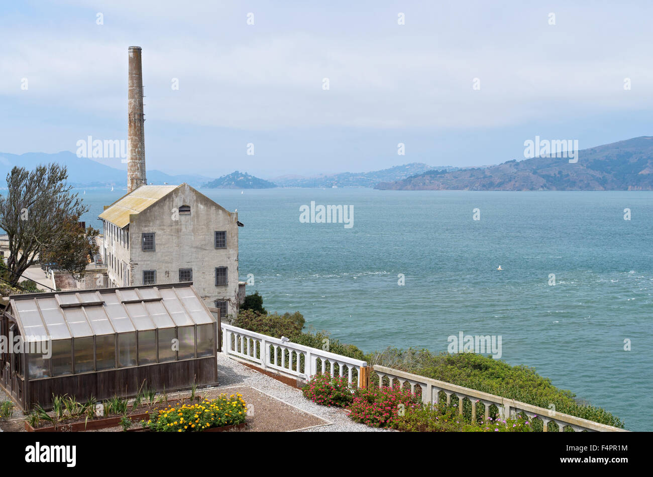powerhouse or utility house and greenhouse on alcatraz island in san francisco bay of california overlooking pacific ocean Stock Photo