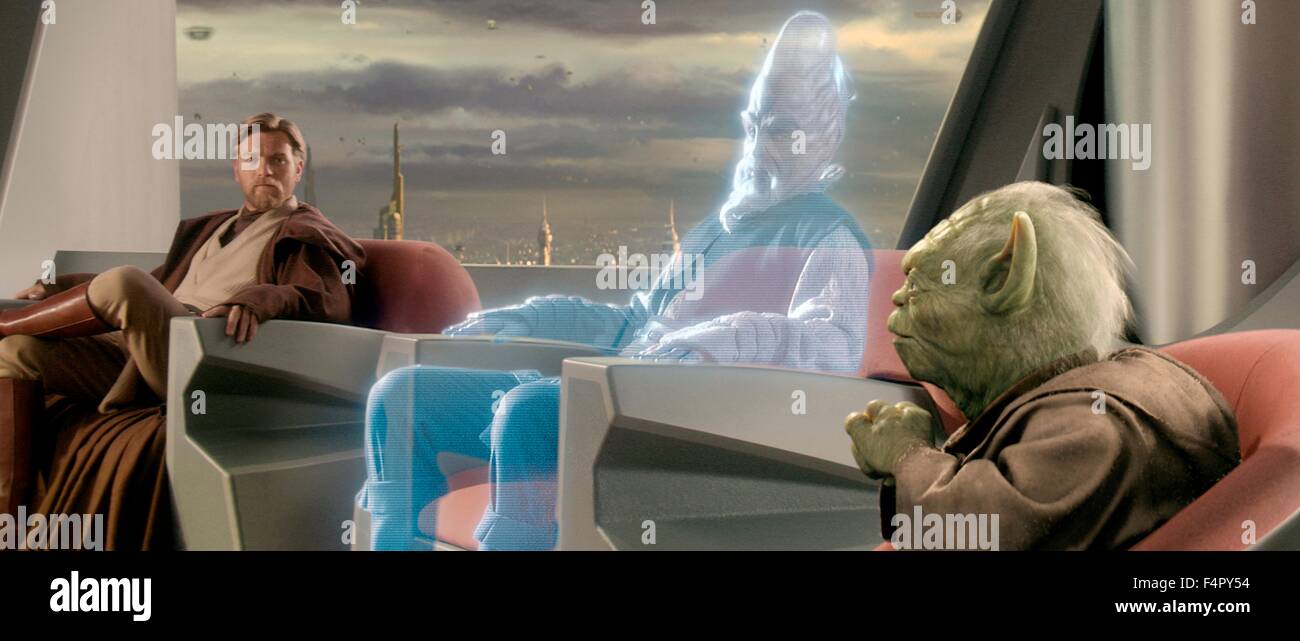 Ewan McGregor (Obi-Wan Kenobi), Silas Carson (Jedi Ki-Adi-Mundi) and Yoda / Star Wars-Episode III Revenge of the Sith / 2005, directed by George Lucas, Walt Disney Studios Motion Pictures. Stock Photo