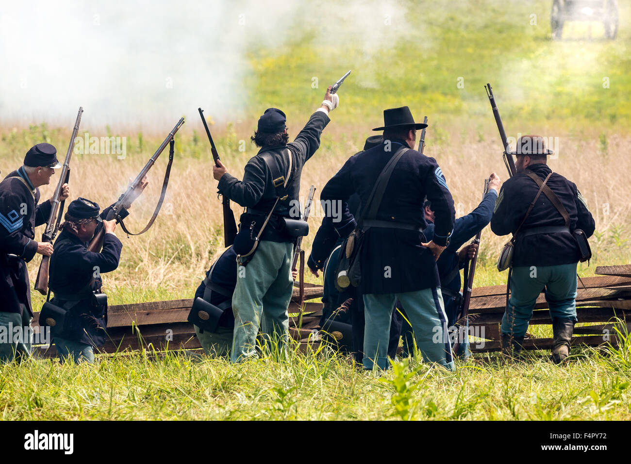 Unidentifiable union soldiers battle during the reenactment of the Civil War Battle of Gettysburg. Stock Photo