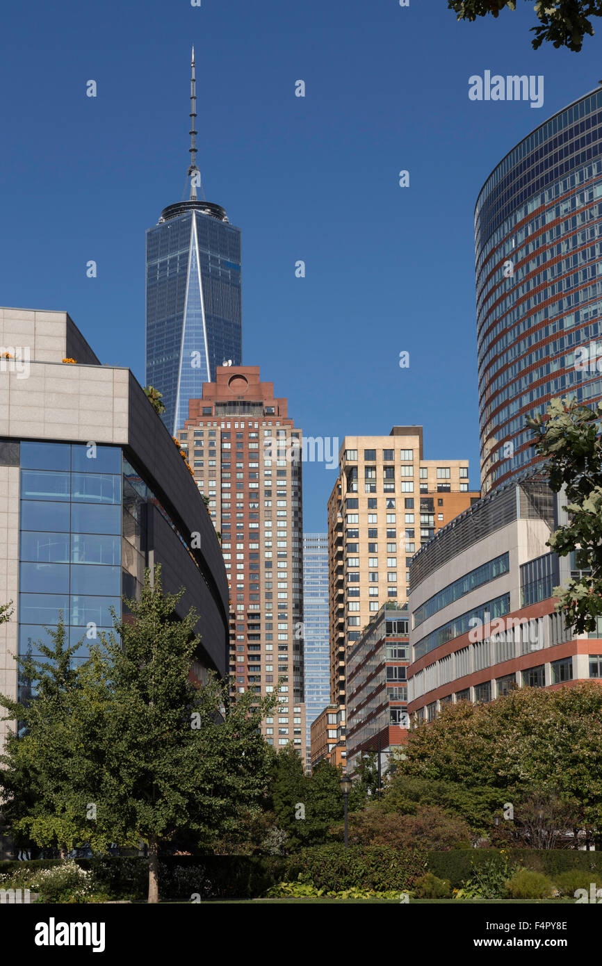 Condos and Apartment Buildings, Battery Park City, and Freedom Tower, West Avenue, NYC, USA