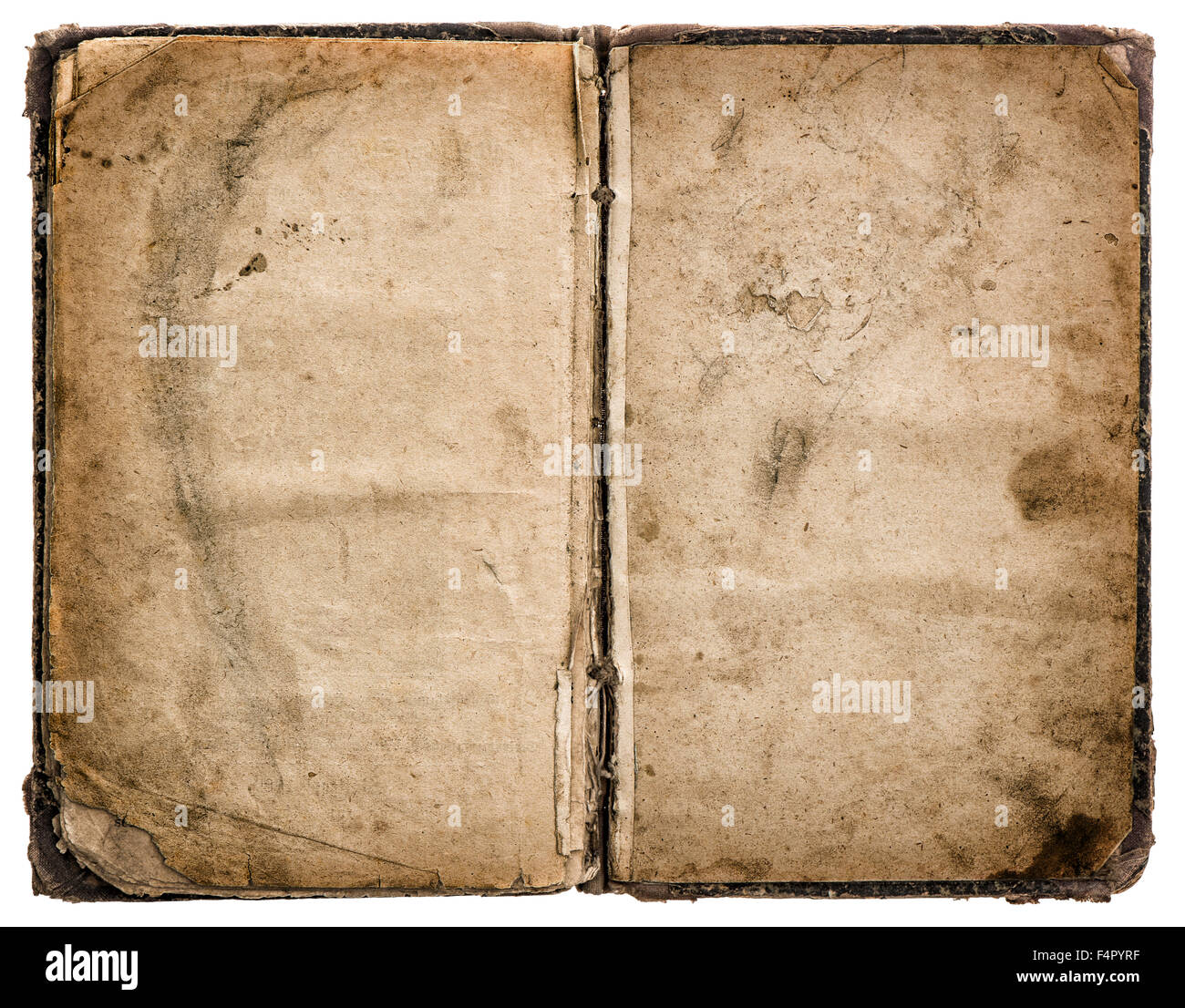 Old book open isolated on white background. Grungy worn paper texture Stock Photo