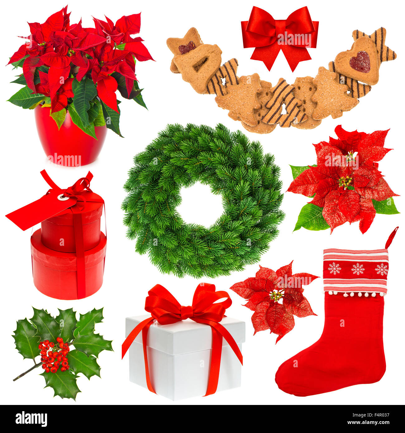 Christmas collection isolated on white background. Stocking, gifts, wreath, cookies, red flower. Set of decoration objects Stock Photo