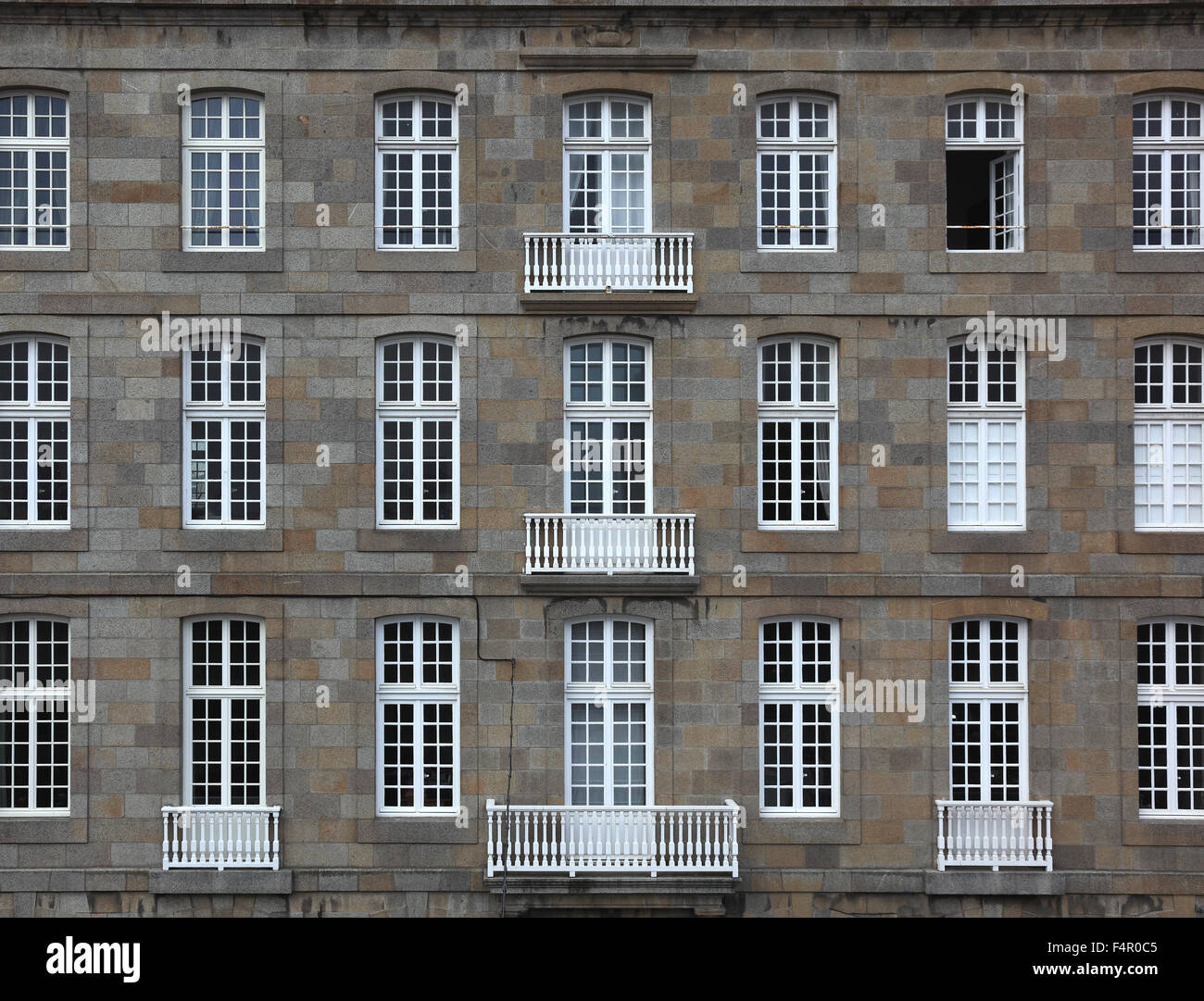 France, Brittany, Saint Malo, House facade, gray with white windows