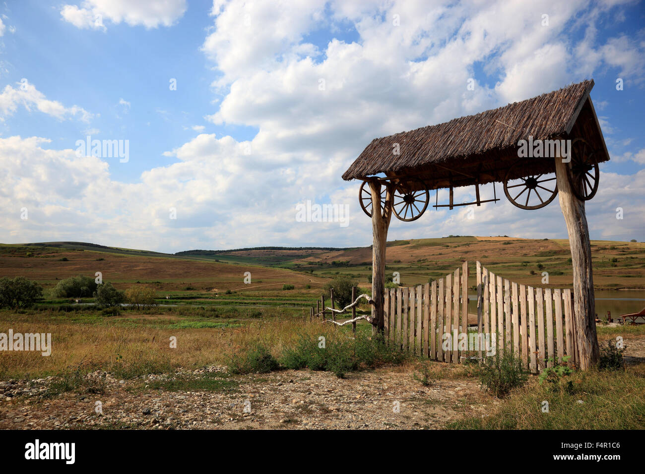 Transylvanian wooden gate at the entrance to an agricultural property in Boz, Transylvania, Romania Stock Photo