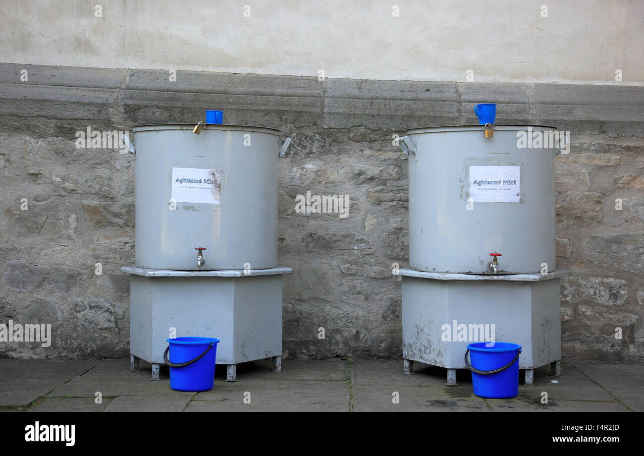 Potable water tanks for believers Ion Voda Viteazu, Suceava, Romania, Monastery of St. Gheorghe, Biserica Sf. Gheorghe Mirauiti, Stock Photo